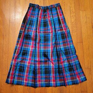Preston York 10 Tartan Plaid A Line Pleated Skirt Blue Red USA Tafetta Classic